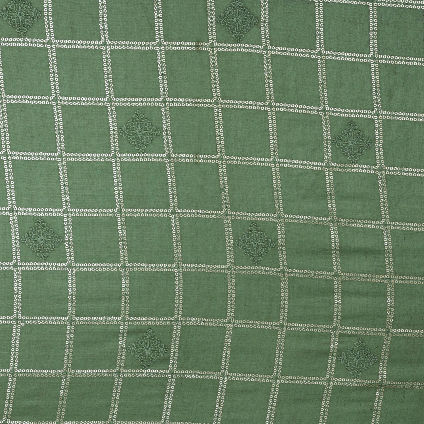 Green Color Fabric Tussar Sequins Embroidery Fabric