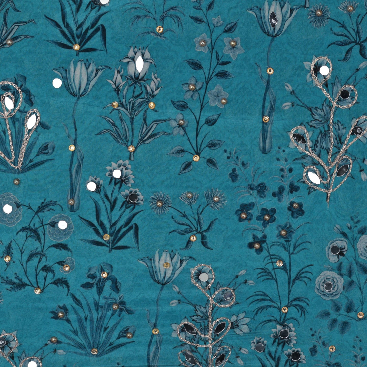 RAMA GREEN Color Crepe Print Mirror Work Fabric