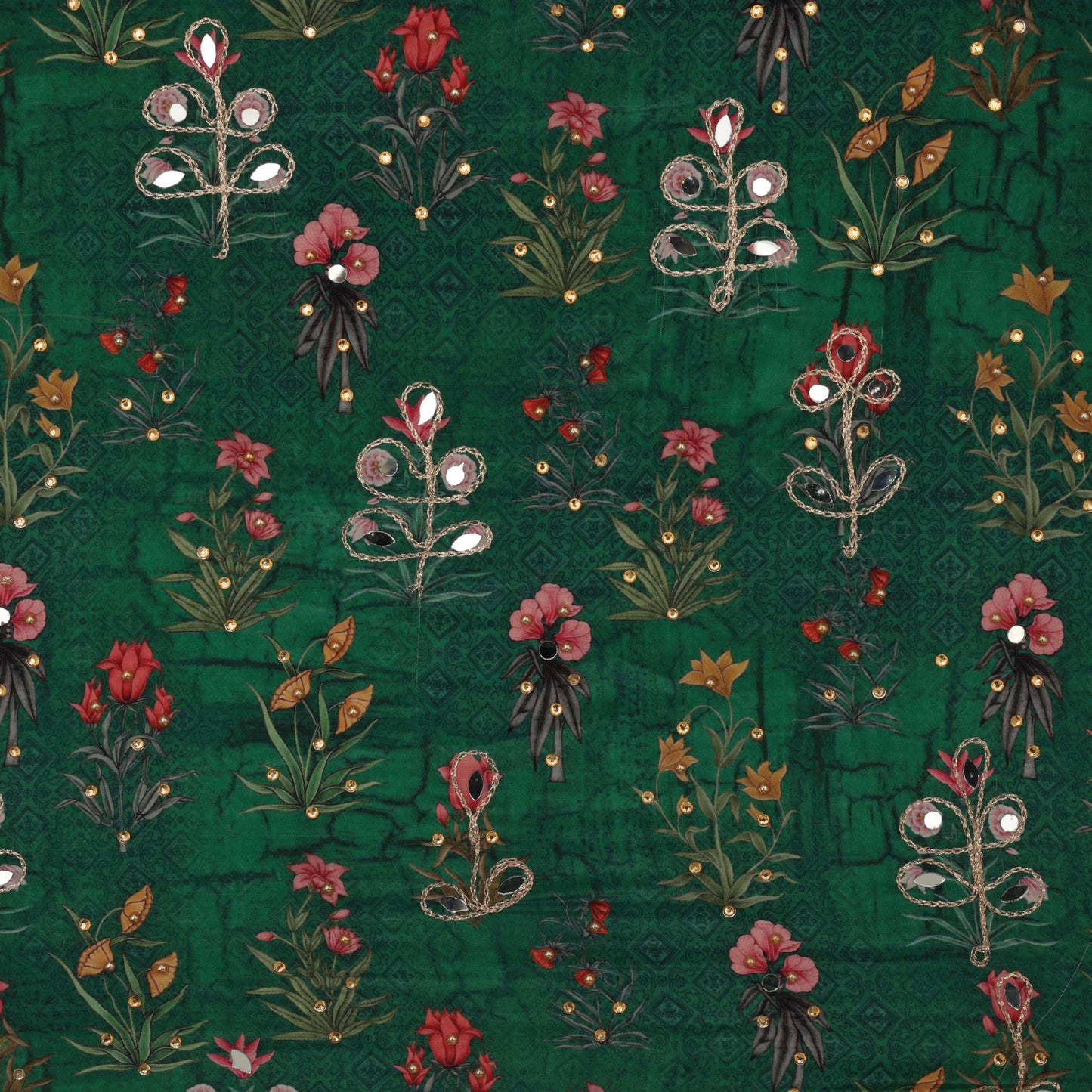 Green Color Crepe Print Mirror Work Fabric