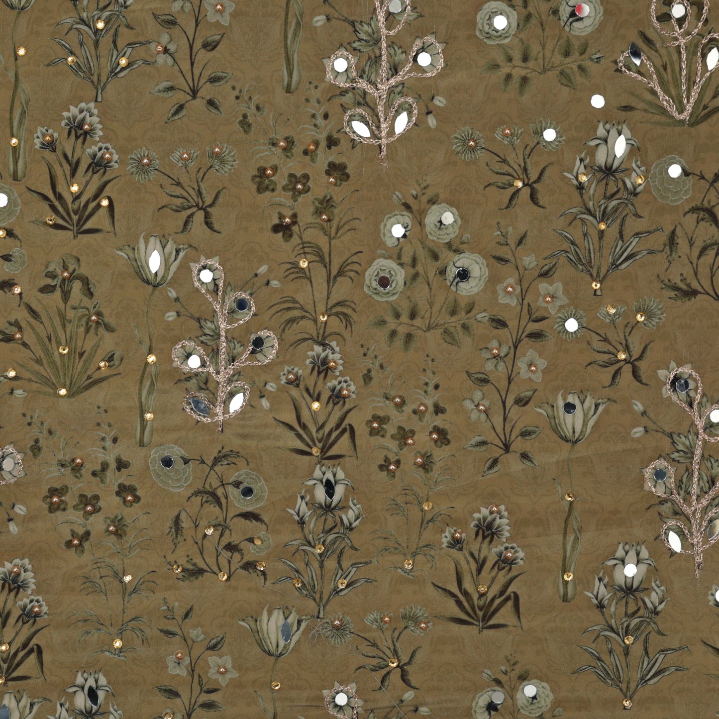 Green Color Crepe Print Mirror Work Fabric