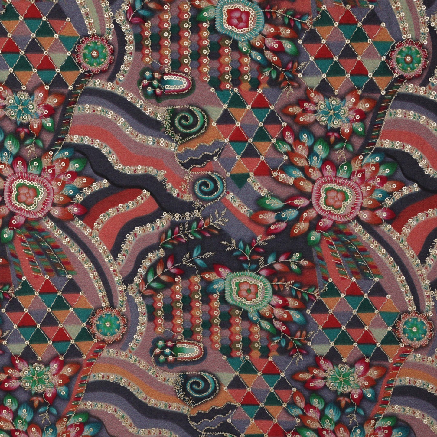 Multi Color Chinon Chiffon Position Print Embroidery Fabric