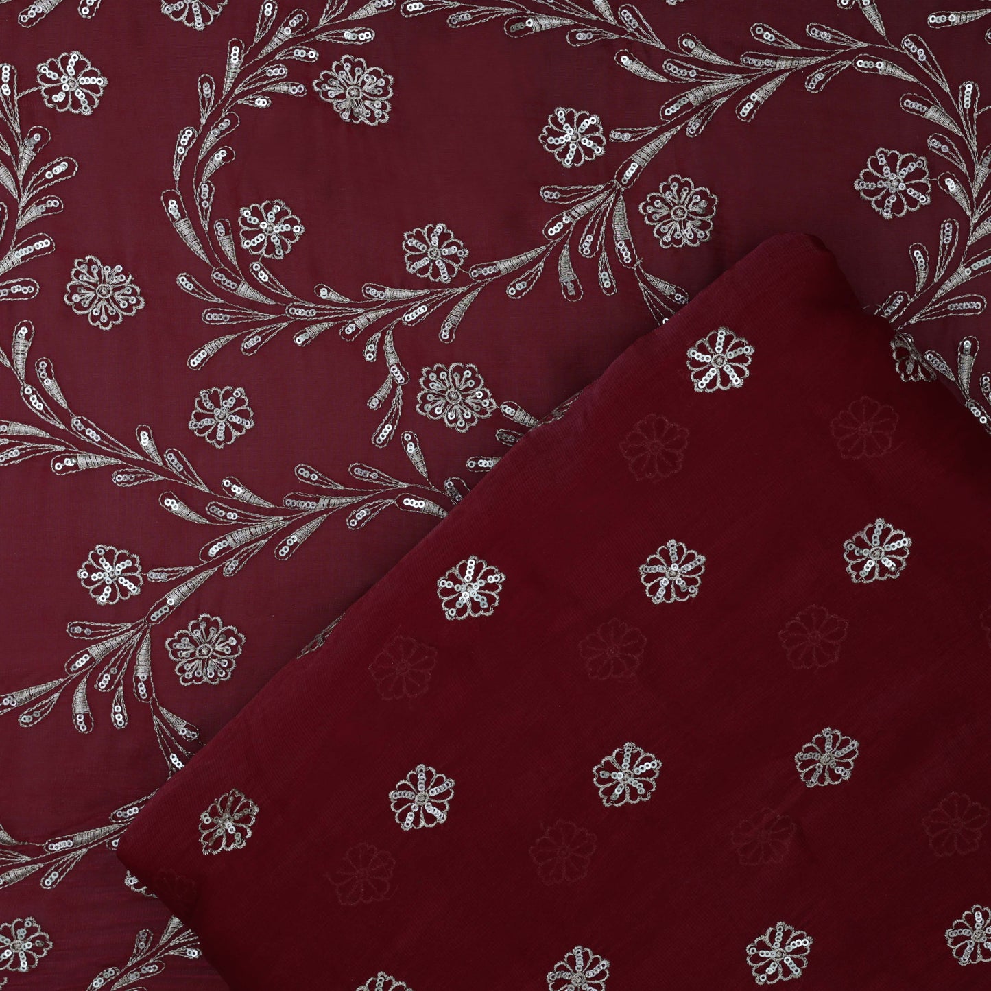 Maroon Color Satin Organza Embroidery Fabric