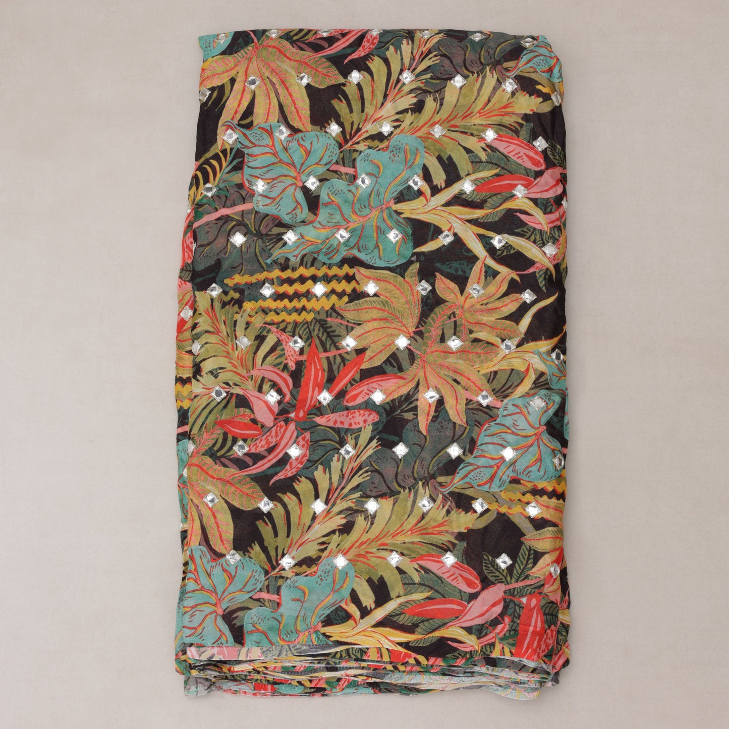 Florals Chinon Chiffon Print Mirror Work Fabric