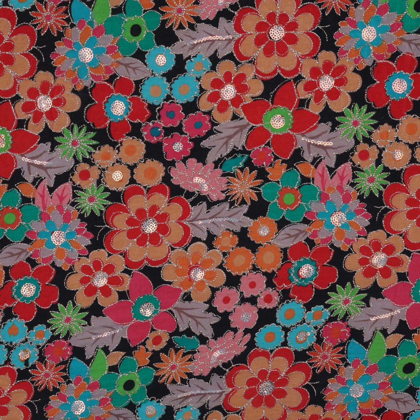 BLACK Color Crepe Position Print Embroidery Fabric