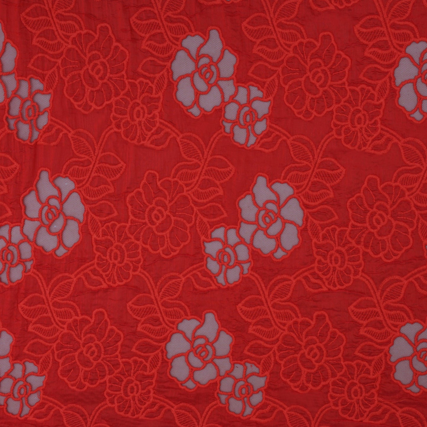 Red Color Crepe Embroidery Fabric