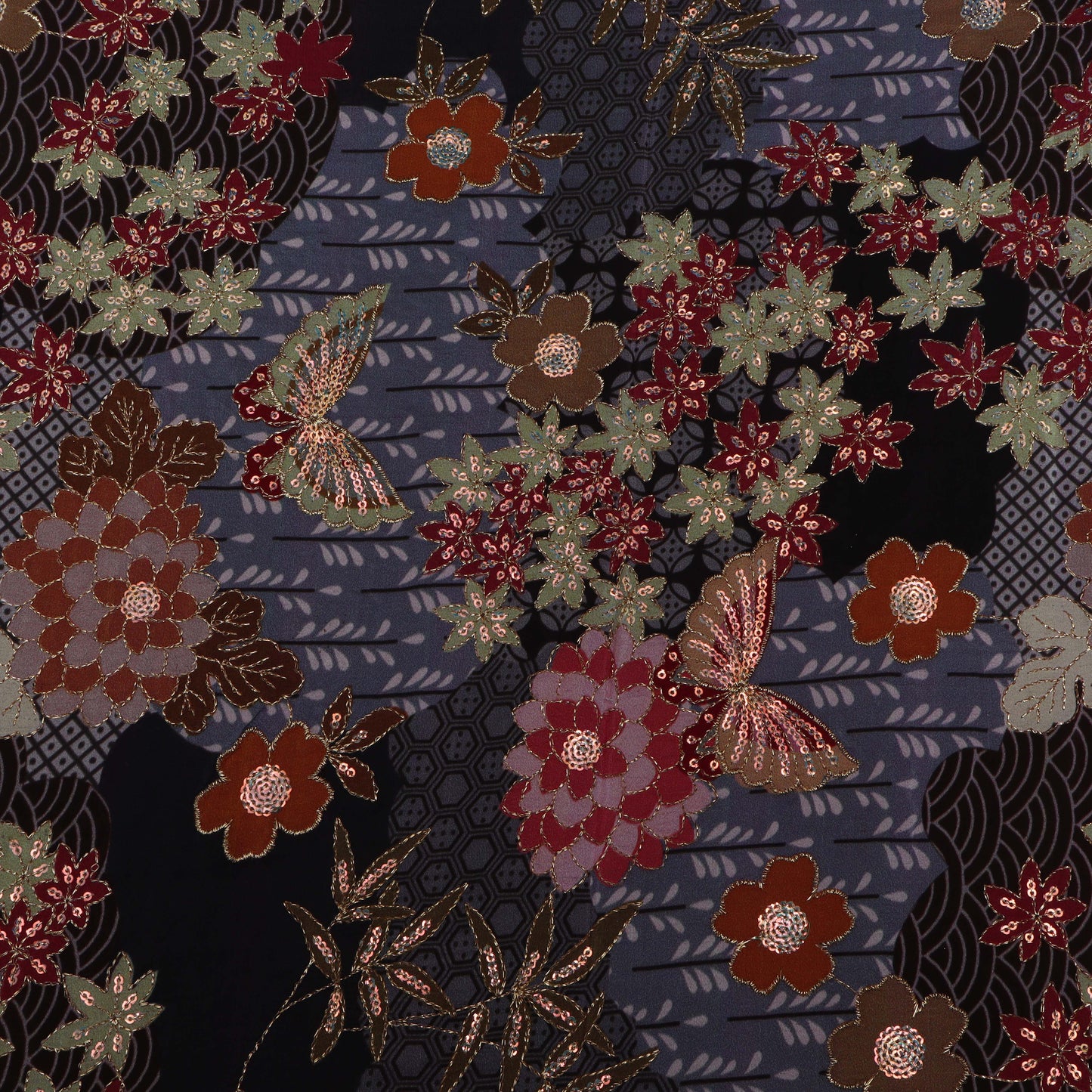 Multi-Color Crepe Position Print Embroidery Fabric