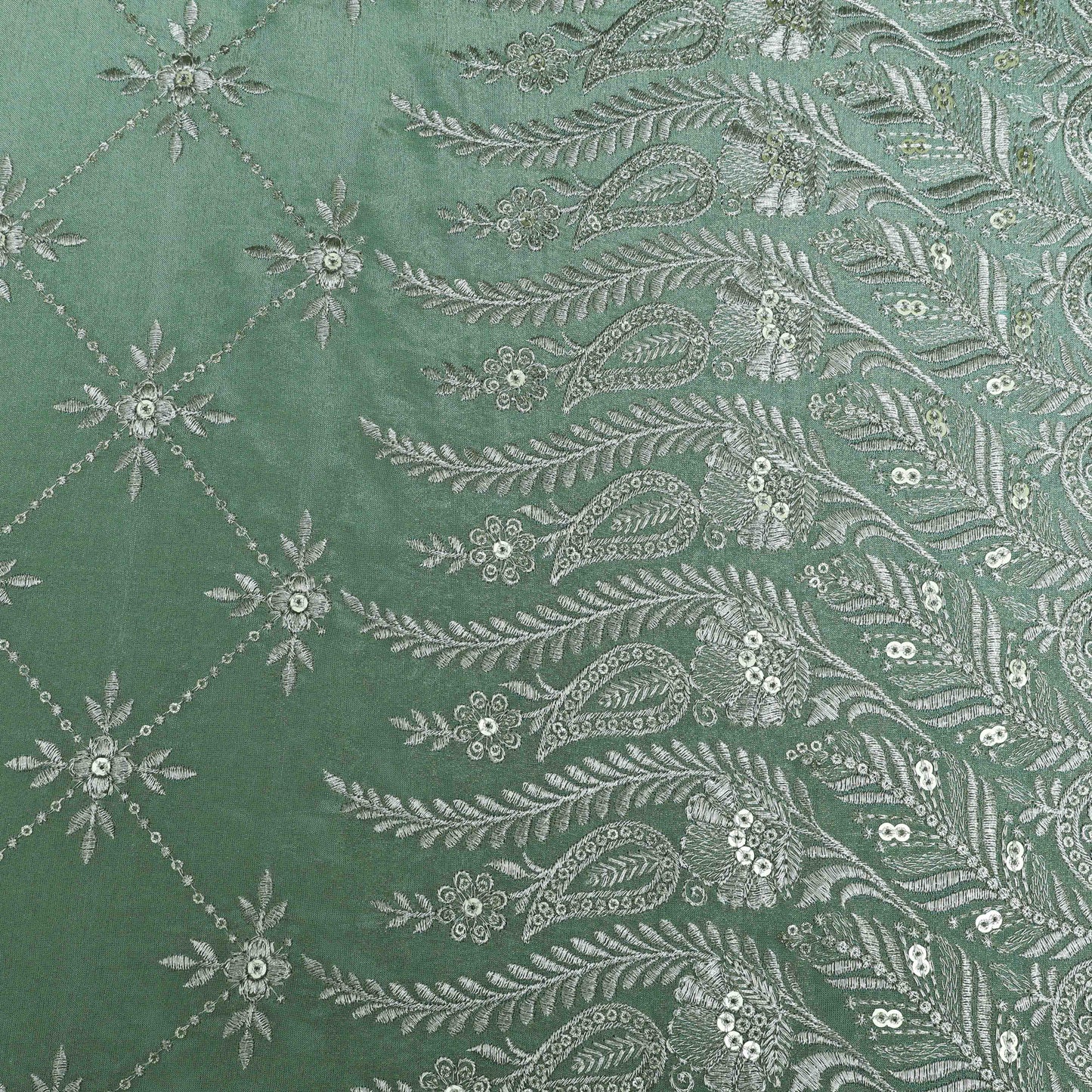 Sea Green Color Tissue border embroidery Fabric