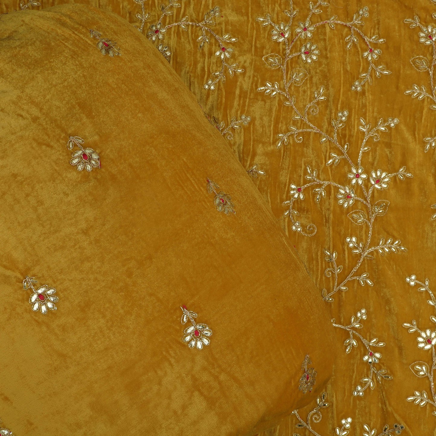 Mustard Color Velvet Embroidery Fabric