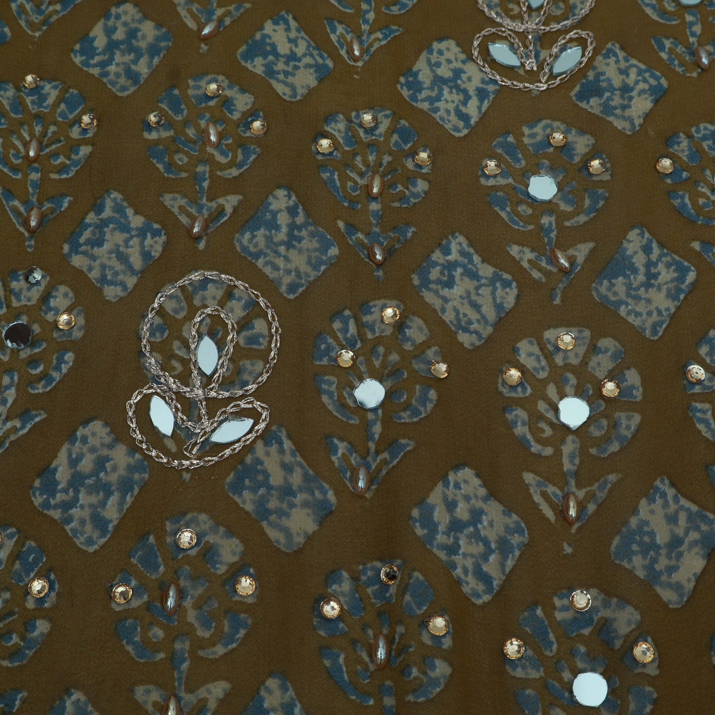 Multi-Color Georgette Print Mirror Work Fabric