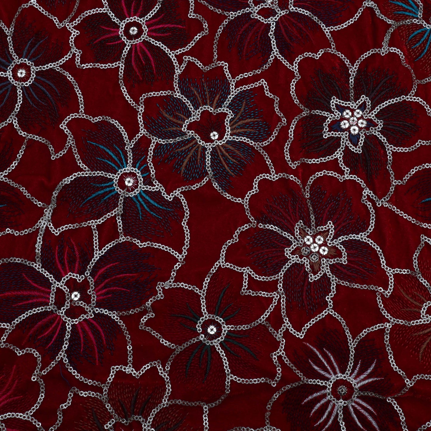Maroon Color Velvet Embroidery Fabric