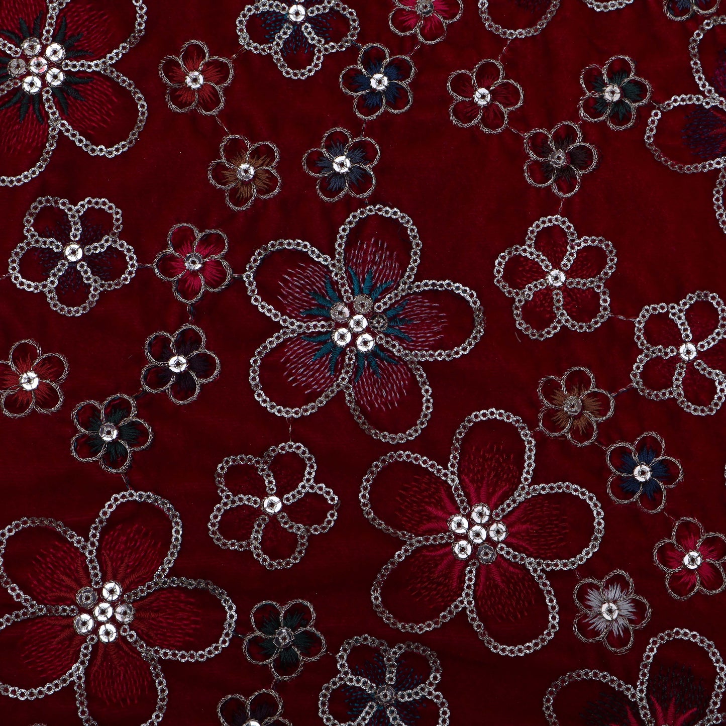 Maroon Color Velvet Embroidery Fabric