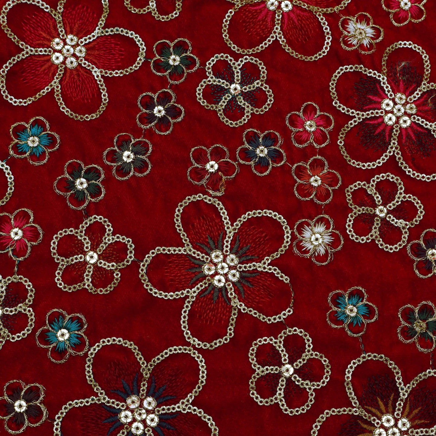 Red Color Velvet Embroidery Fabric
