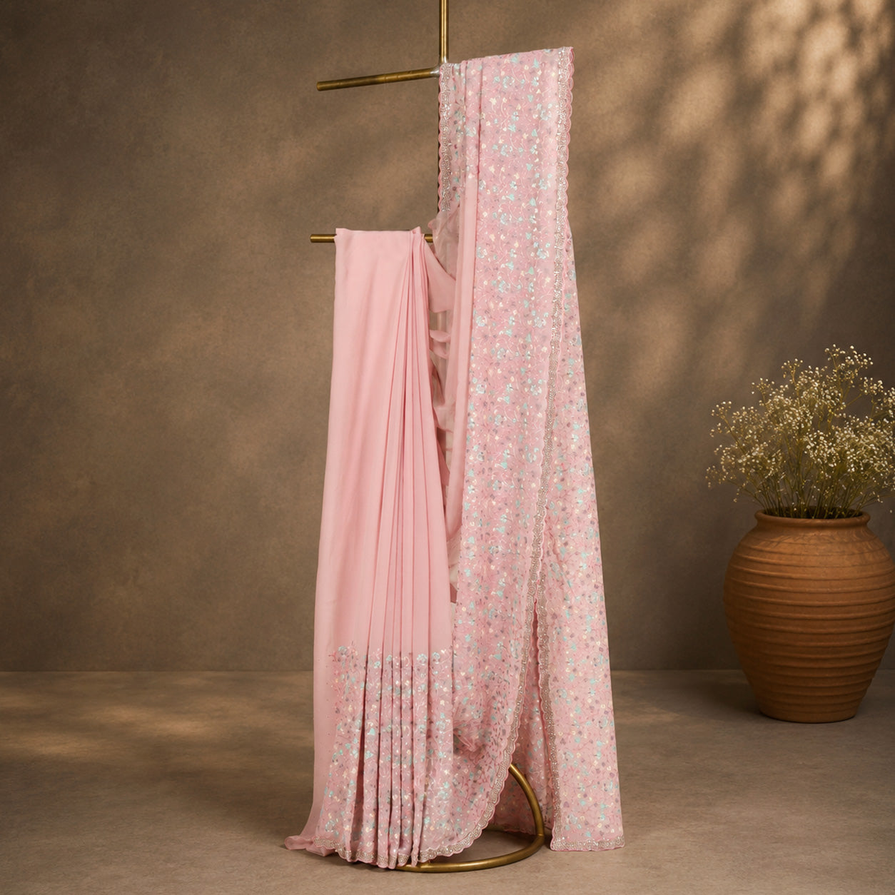 Baby Pink Elegant Ethnic Wear Unfinished Saree