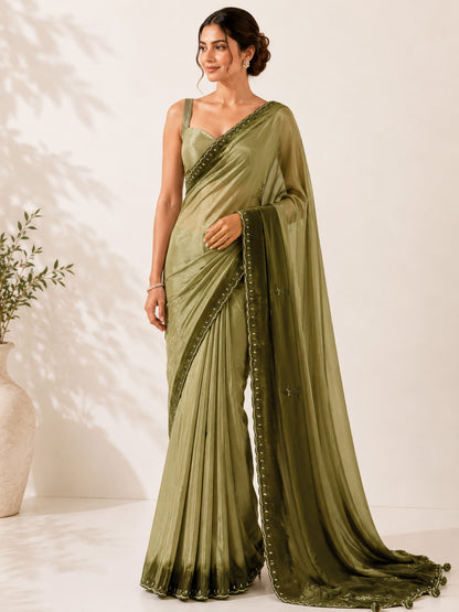 Dark Olive Green Unfinished Saree for Women