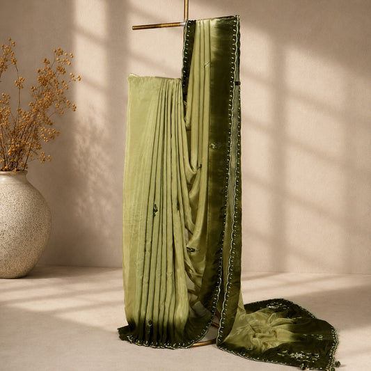Dark Olive Green Unfinished Saree for Women