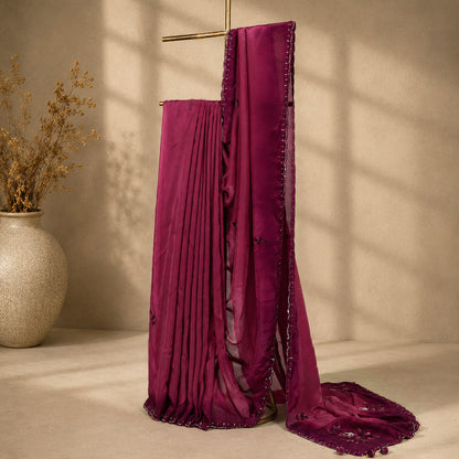 Deep Magenta Unfinished Saree for Women
