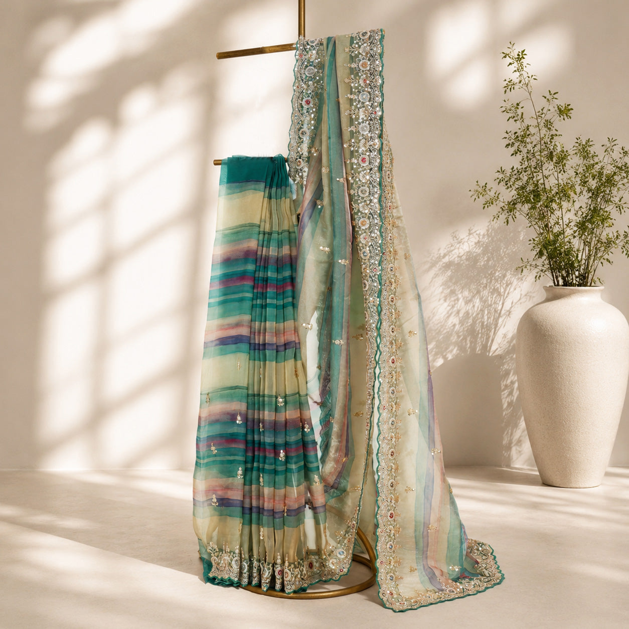 Sea Green Multicolor Unfinished Saree