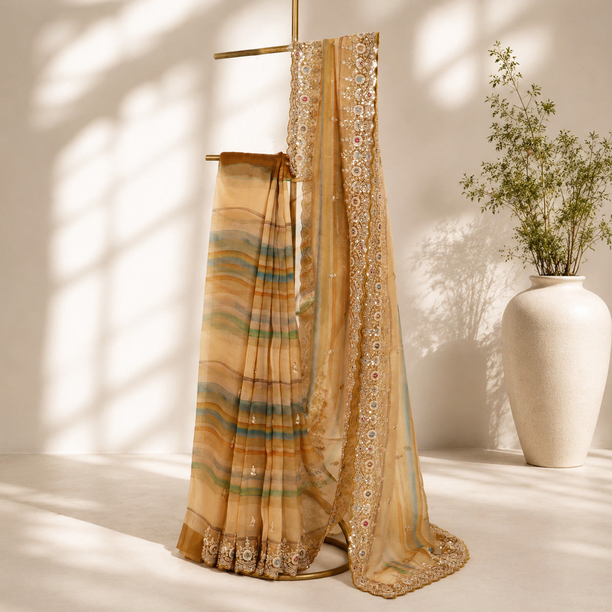 Golden Beige Unfinished Saree for Women