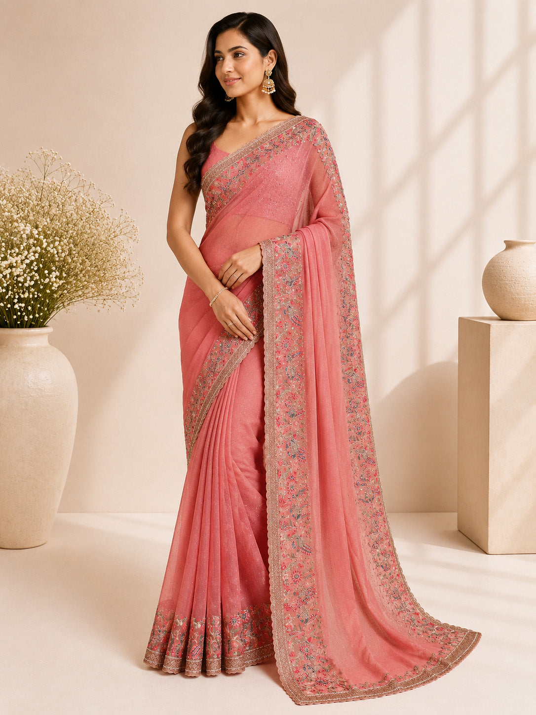 Peach Pink Saree for Women
