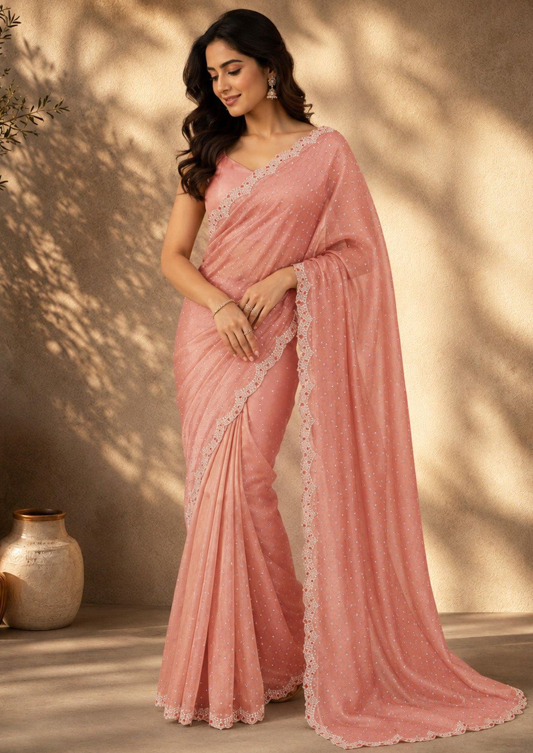 Baby Pink Color Unfinished Saree