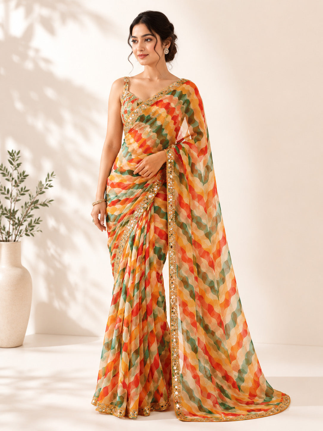 Multicolor Wave Print Unfinished Saree for Women