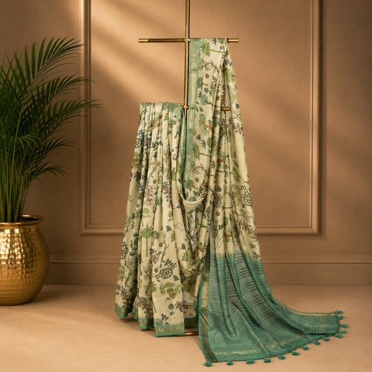 Unfinished Printed Saree with Mint Green Border