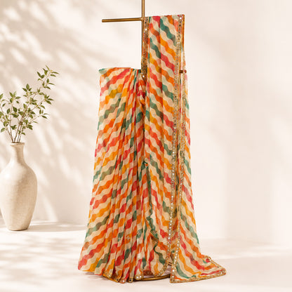 Multicolor Wave Print Unfinished Saree for Women