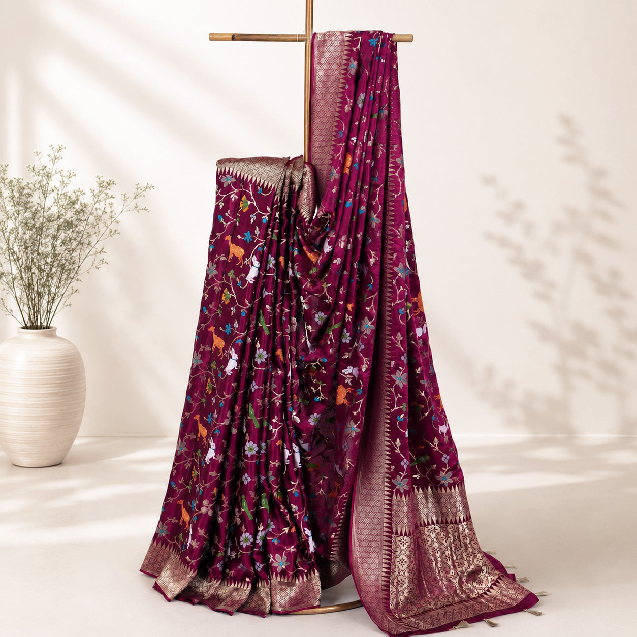 Purple Floral Pattern Unfinished Saree