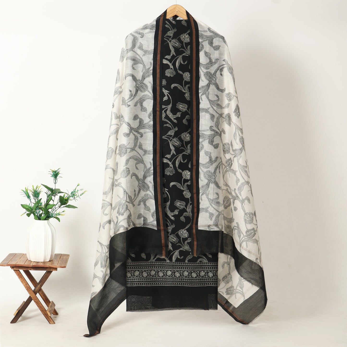 Black & White Floral Chanderi Unstitched Suit Set