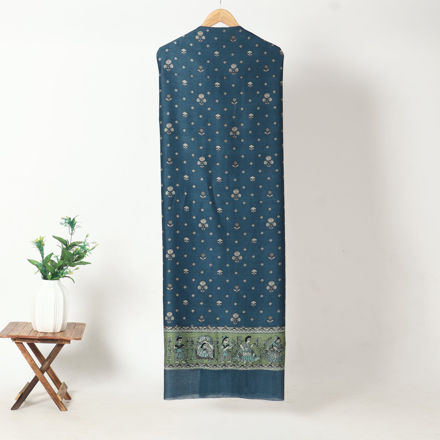 Blue & Olive Green Chanderi Printed Unstitched Suit Set