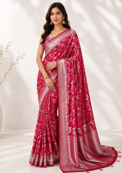 Hot Pink Floral Pattern Unfinished Saree