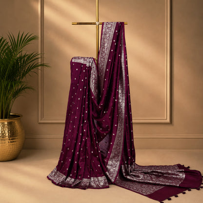 Unfinished Wine Color Saree with Elegant Woven Border