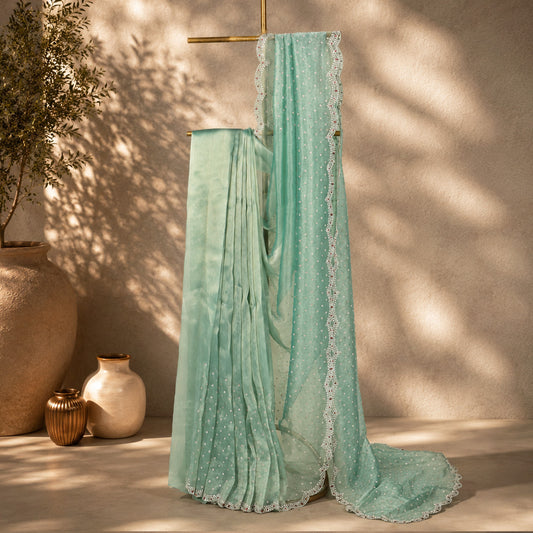 Mint Green Color Saree with Designer Unfinished Saree