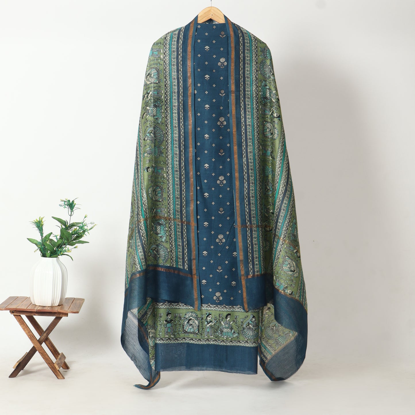 Blue & Olive Green Chanderi Printed Unstitched Suit Set