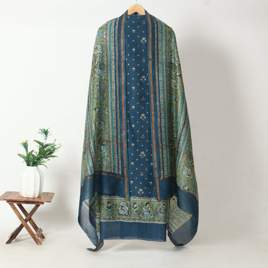 Blue & Olive Green Chanderi Printed Unstitched Suit Set