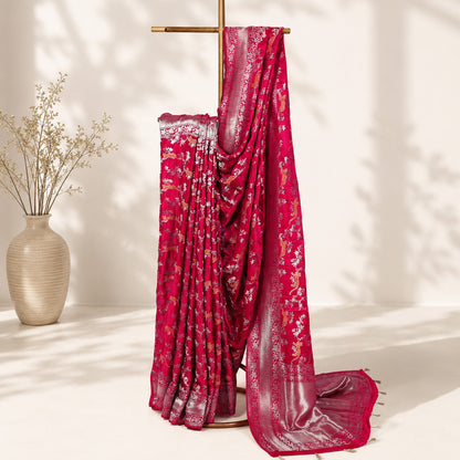 Hot Pink Floral Pattern Unfinished Saree