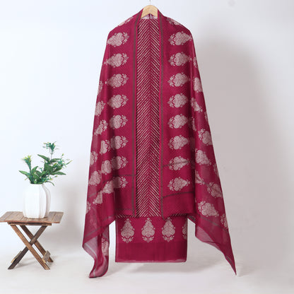 Magenta Floral Chanderi Unstitched Suit Set