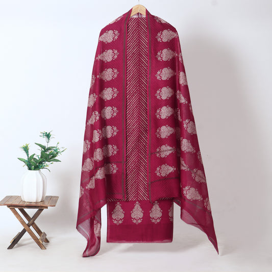 Magenta Floral Chanderi Unstitched Suit Set