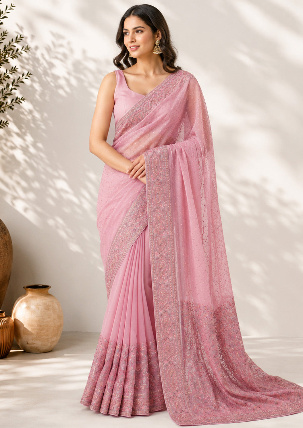 Pink Embroidered Border Unfinished Saree