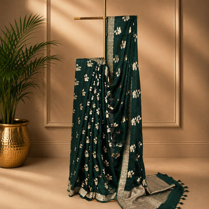 Unfinished Dark Green Color Print Saree with Elegant Border