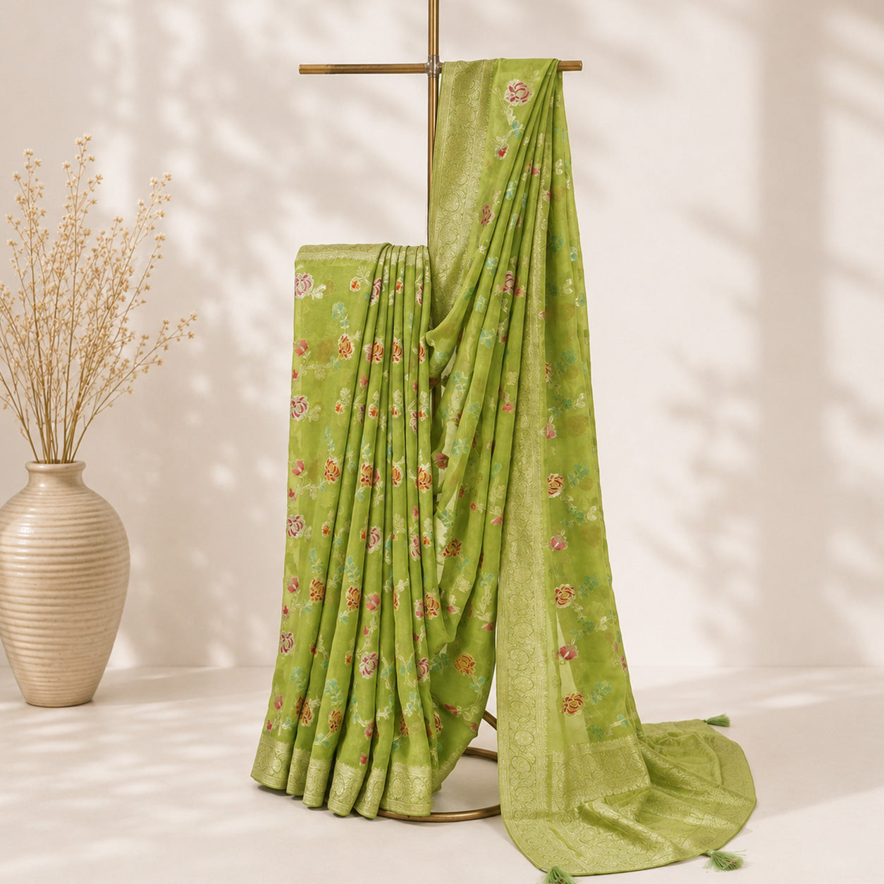 Multi Color Floral Embroidered Unfinished Saree