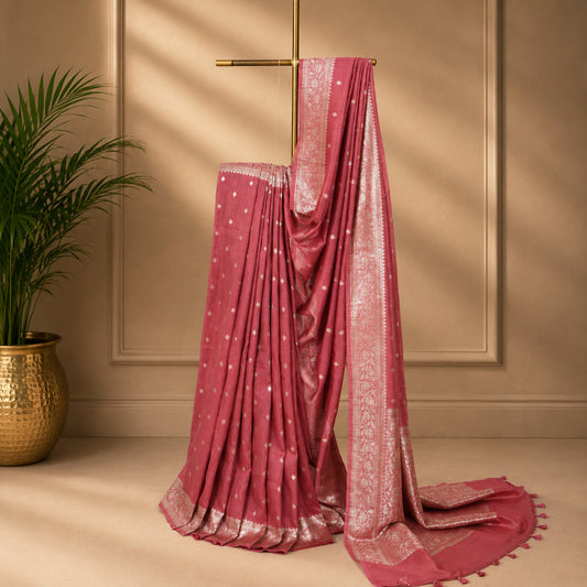 Unfinished Pink Color Saree with Elegant Woven Border