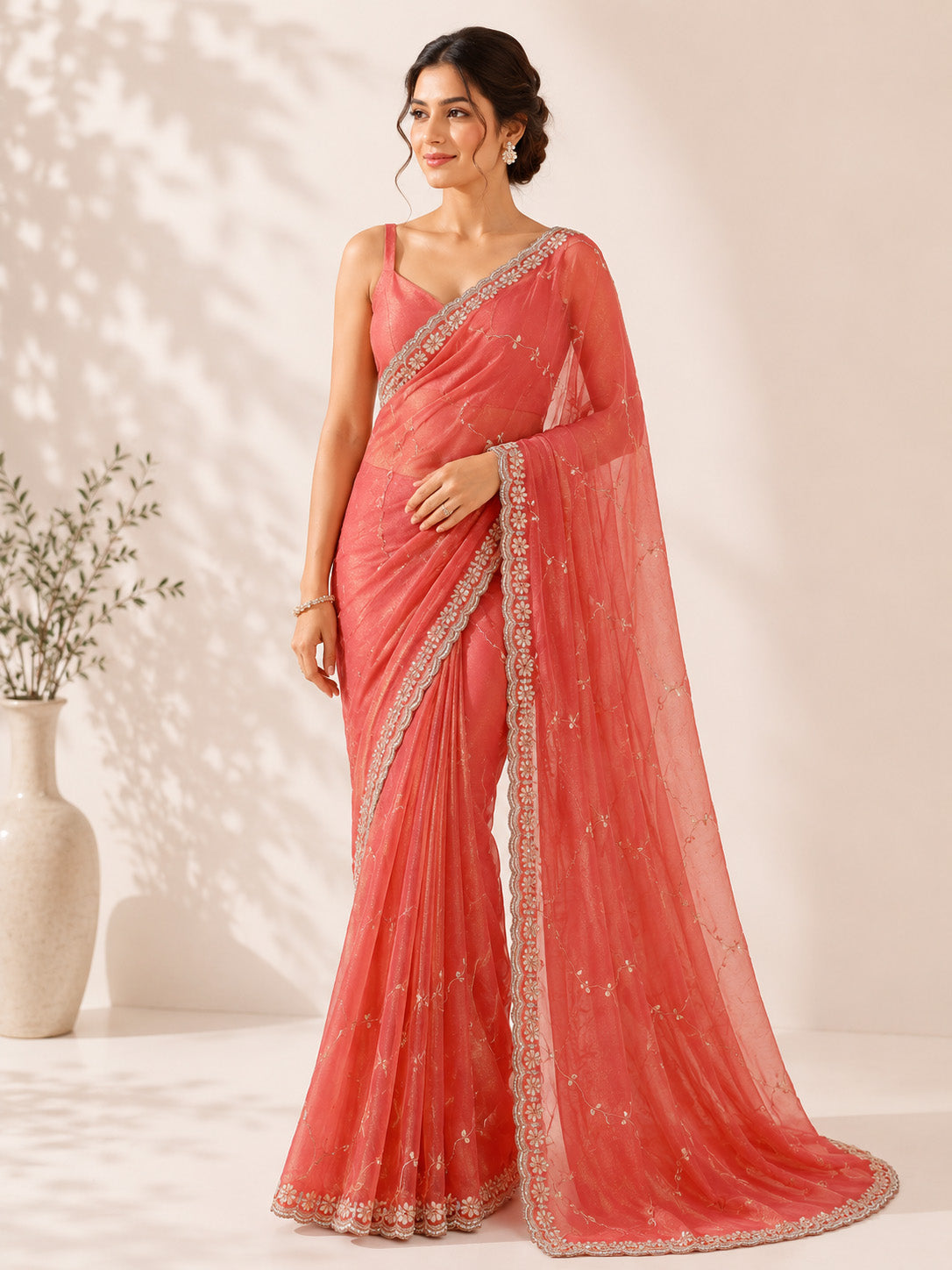 Coral Pink Unfinished Saree for Women