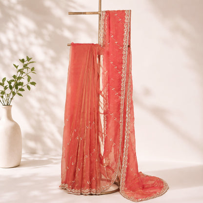 Coral Pink Unfinished Saree for Women