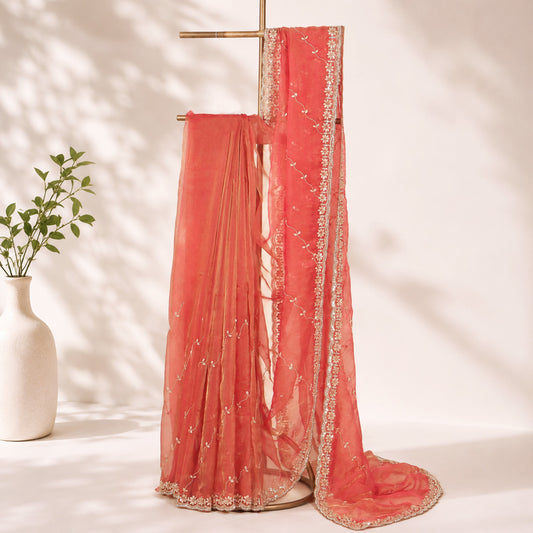 Coral Pink Unfinished Saree for Women
