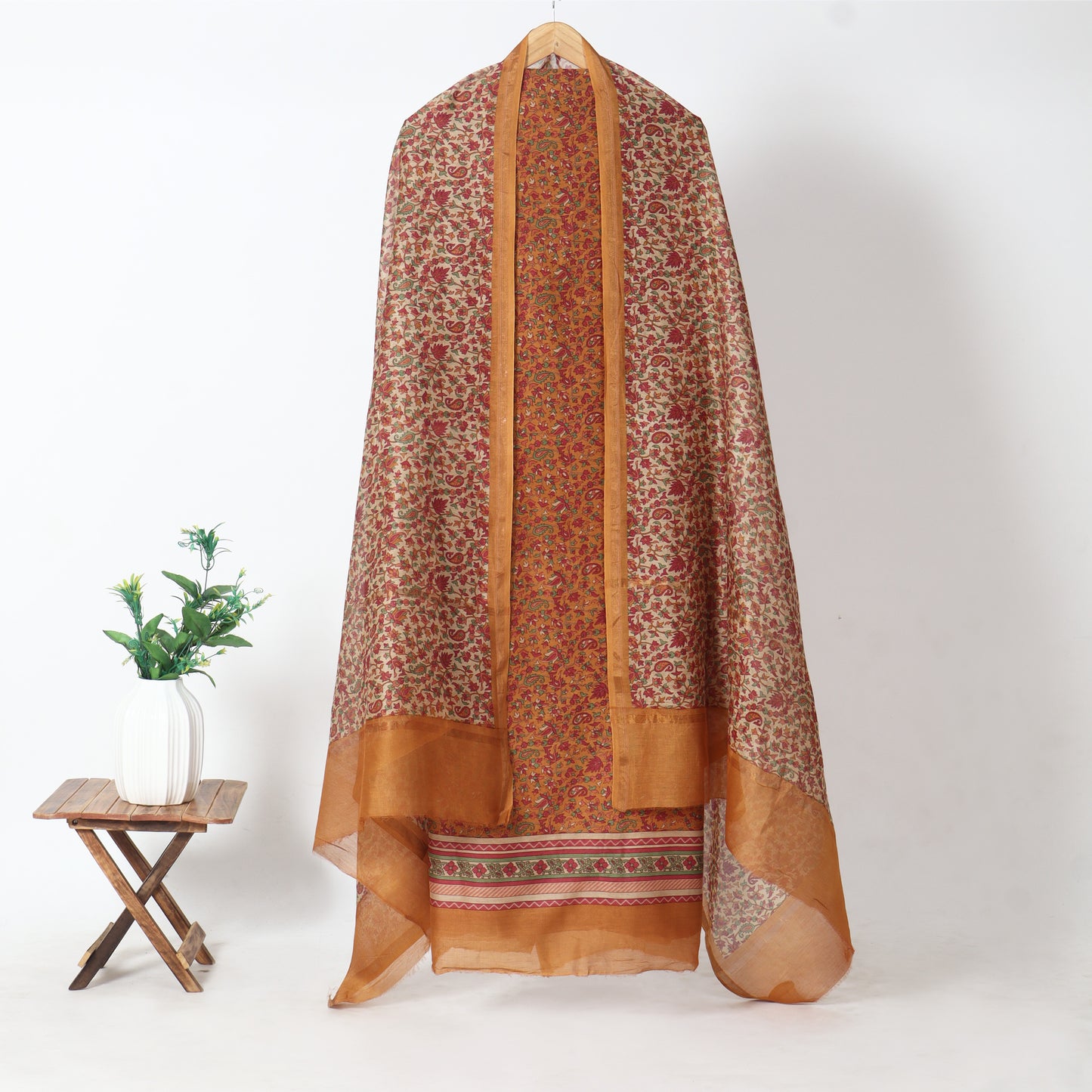 Mustard Floral Chanderi Unstitched Suit Set