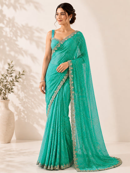 Teal Blue Unfinished Saree for Women