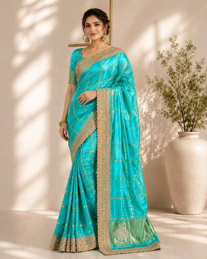 Turquoise Blue with Golden Border Unfinished Saree