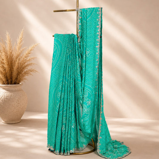 Teal Blue Unfinished Saree for Women