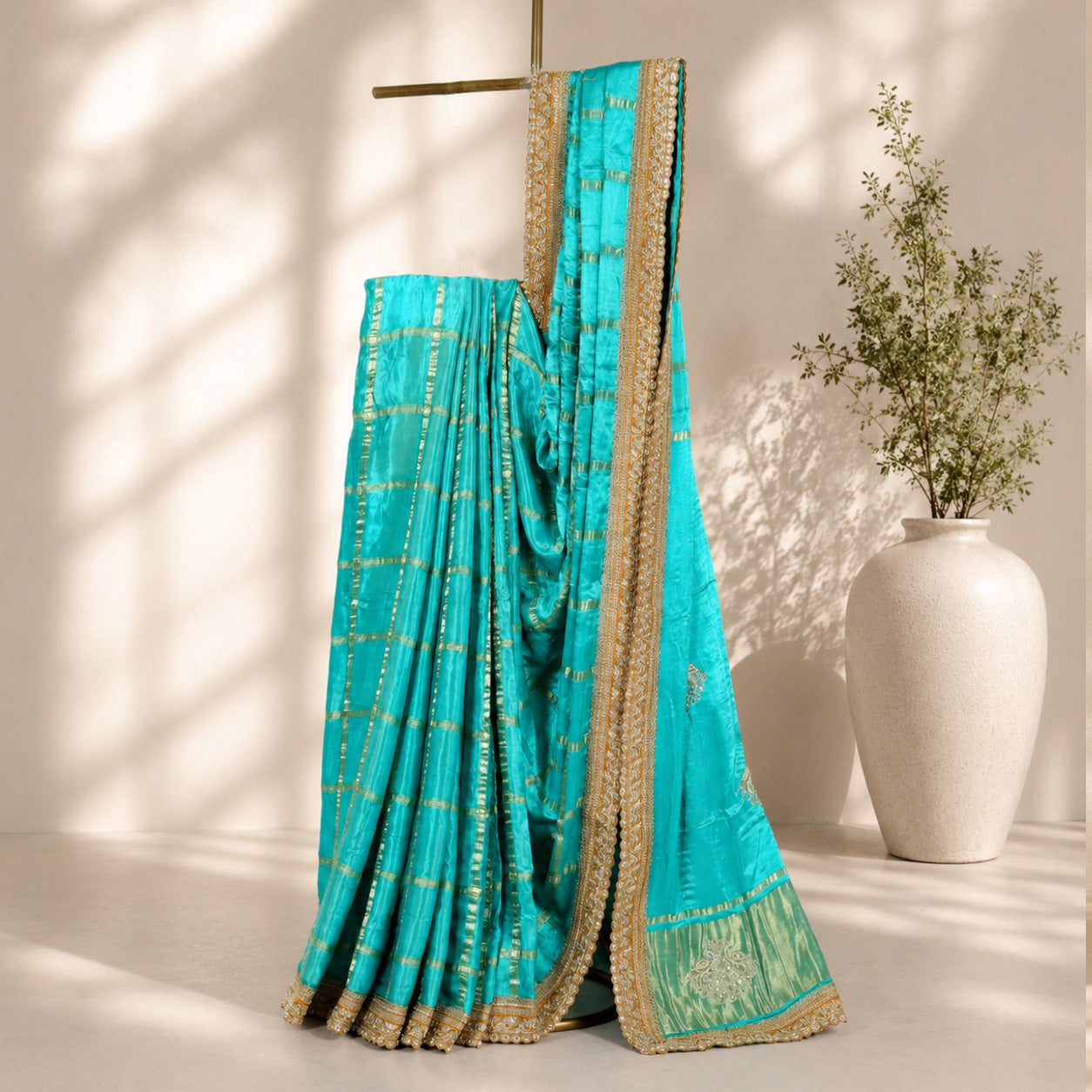 Turquoise Blue with Golden Border Unfinished Saree